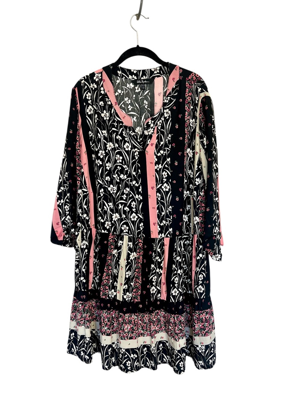 Ulla Popken floral patchwork long sleeve tiered mini dress sz 20/22 black pink